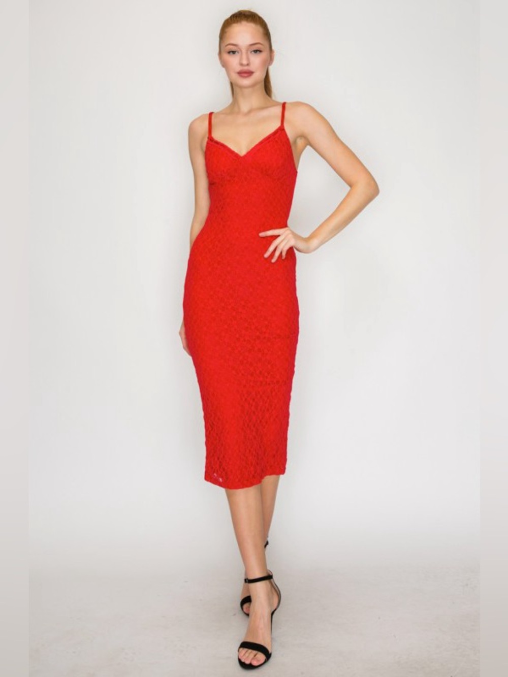 Red Lace Ruched V-Neck Spaghetti Strap Slit Midi Dress